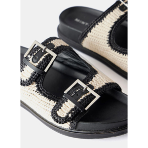 Mint Velvet Black Leather Raffia Sandals